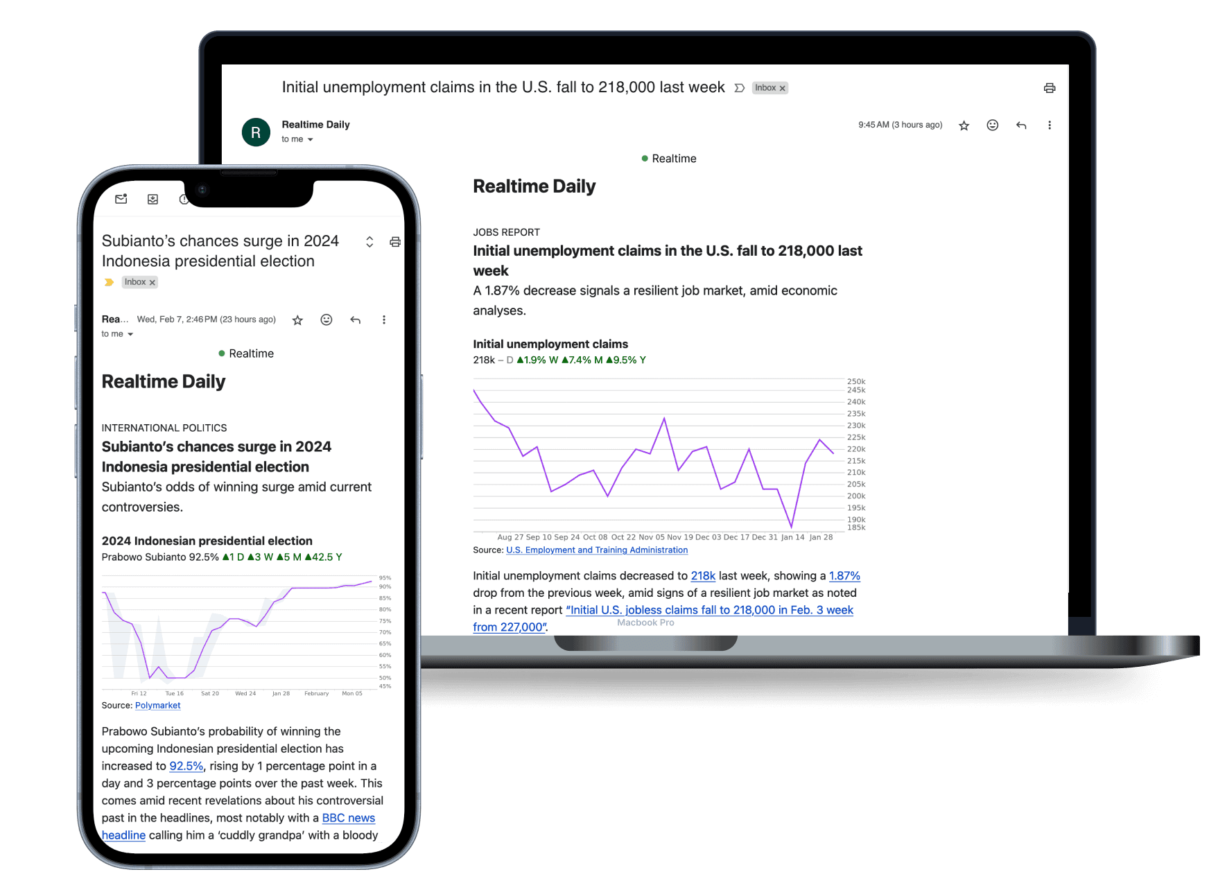 An image showing a example email newsletters in mobile and desktop formats.